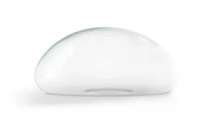 Smooth white, bean-shaped object with a shallow oval depression near the base on a reflective white surface.