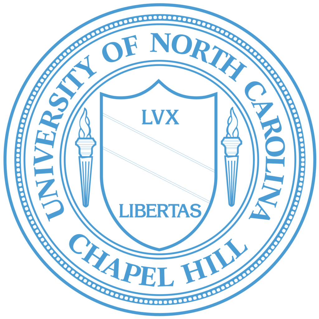 Seal of the University of North Carolina at Chapel Hill with a shield, two torches, and the motto LVX LIBERTAS in blue.