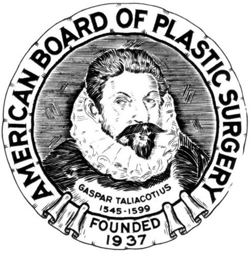 Circular seal for the American Board of Plastic Surgery, featuring a portrait of Gaspar Taliacotius and the founding year 1937.