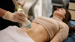 Medical professional in gloves using a handheld device on a patient's abdomen during a non-invasive treatment.