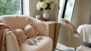 Cozy boudoir measuring moment for breast lift