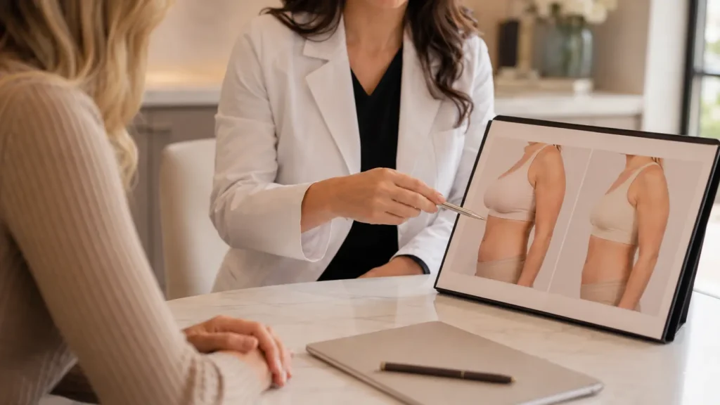 Doctor Explaining Before-and-After Results Breast Reduction