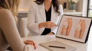 Doctor Explaining Before-and-After Results Breast Reduction