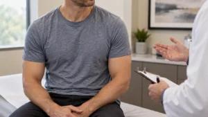 Male Chest Consultation-opt - Charm City Plastic Surgery Man in a gray T-shirt sits on an examination table as a doctor in a white coat gestures and holds a clipboard during a clinic visit.