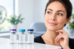 A woman looks thoughtful beside three small glass medicine vials with purple, turquoise, and dark blue caps on a marble counter.